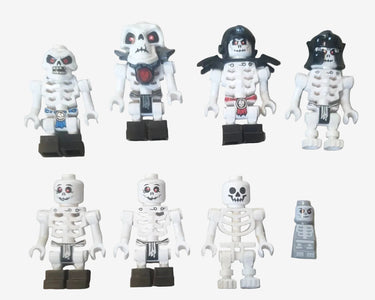 Lego skeleton minifigure bundle with Ninjago skeleton warriors and classic skeleton figures plus baby skeleton displayed together