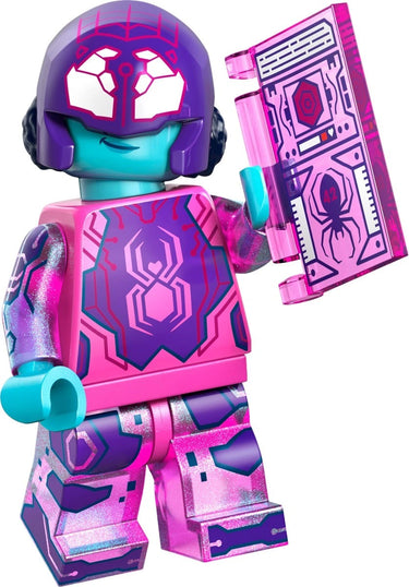 Lego Spider-Byte minifigure from Spider-Verse Series 71050 with accessories displayed on orange stand at Planet Retro NZ