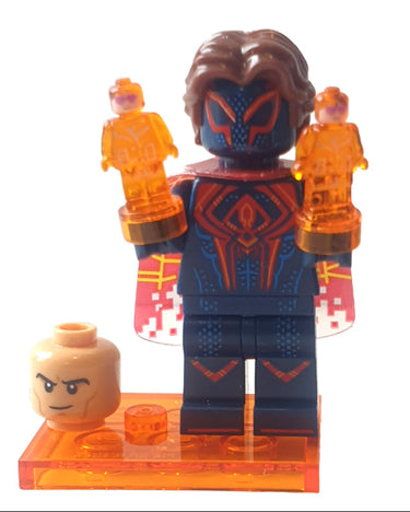 Lego Spider-Man 2099 minifigure from Spider-Verse series 71050 in dark blue and red suit with web accessory displayed on a light grey background