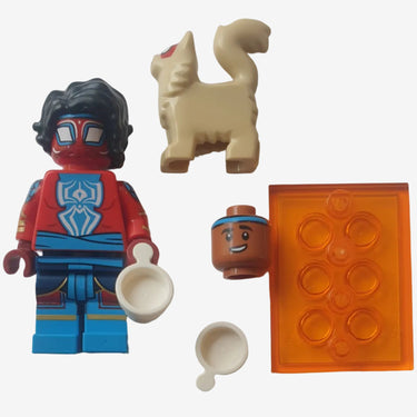 Lego Spider-Man India minifigure from Spider-Verse series 71050 in red and blue suit with web accessory displayed on a light grey background