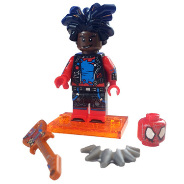 Lego Spider-Punk minifigure from Spider-Verse series 71050 wearing punk outfit with guitar accessory displayed on a light grey background