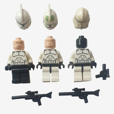 Lego Star Wars clone trooper minifigures bundle with helmets and blasters on light grey background