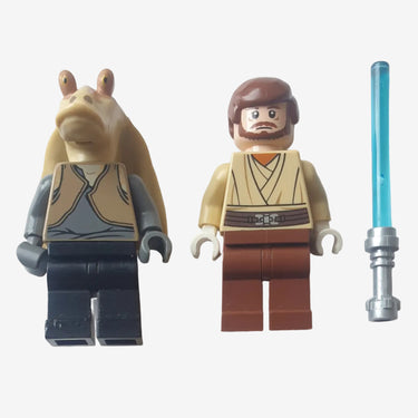 Lego Star Wars Qui Gon Jinn and Jar Jar Binks minifigure bundle on display