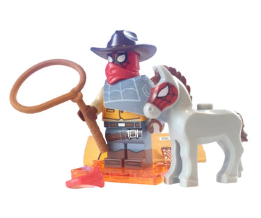 Lego Web-Slinger minifigure from Spider-Verse series 71050 in red and blue suit with web accessory displayed on a light grey background