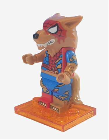 Lego Werewolf Spider-Man minifigure from Spider-Verse series 71050 with detailed suit and accessories displayed on a clean studio background