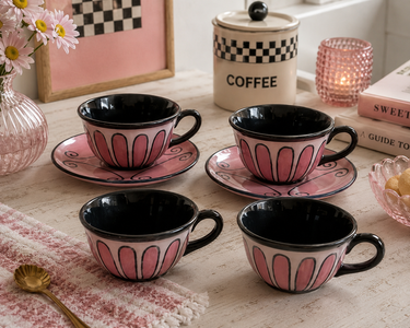 Living Art Yvette and Claudette pink ceramic cups and saucers with matching extra cups