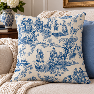 Lord and Lady Skullington Blue toile cushion cover styled on a cream sofa with knitted throw, blue cushion and blue-and-white vase