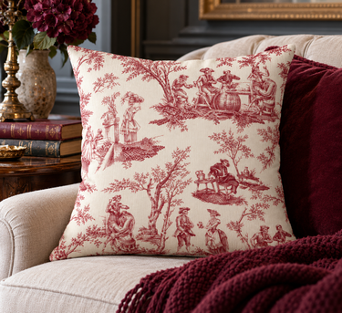 Lord and Lady Skullington Wine toile cushion cover styled on an upholstered chair with burgundy velvet, knit throw and vintage books