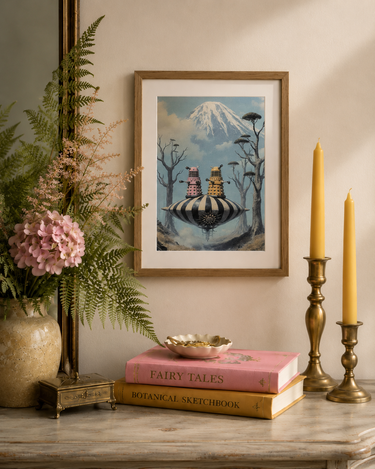 Lost in Space 2 by Lu Lu Deluxe NZ A4 art print featuring two retro sci-fi figures on a striped flying platform beneath a snow-capped mountain