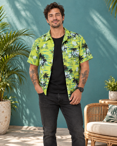 Male model wearing Lowes lime green tropical Hawaiian shirt open over black T-shirt and black jeans