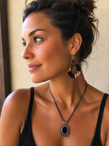 Black and multicolour Maasai-inspired beaded statement earrings