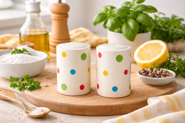 Two ceramic salt shakers with colorful polka dots on a wooden cutting board with herbs and a lemon.