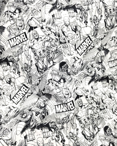 Wider view of monochrome Marvel Avengers Sketch cotton fabric featuring superhero characters