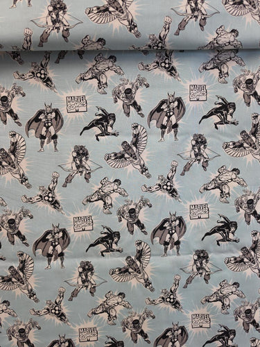 Marvel Power Up light blue cotton fabric with Hulk Thor Black Widow and other comic superheroes