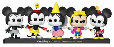 A set of five Funko Pop Vinyl figures featuring different styles of Minnie Mouse from the Walt Disney Archives collection.