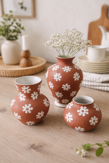 Mid-century Danish Lüthen Keramik terracotta vase trio from the 1960s, shown on a neutral background – Planet Retro NZ
