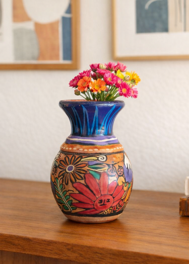 Mid-century hand-painted folk art pottery vase with colourful figurative and floral decoration, Planet Retro NZ