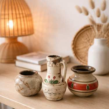 Mid-century studio and folk pottery trio decorative ceramic vessels Planet Retro NZ
