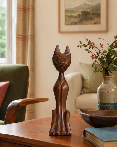 Mid-century wooden cat sculpture with a sleek carved shape and retro decorative style.