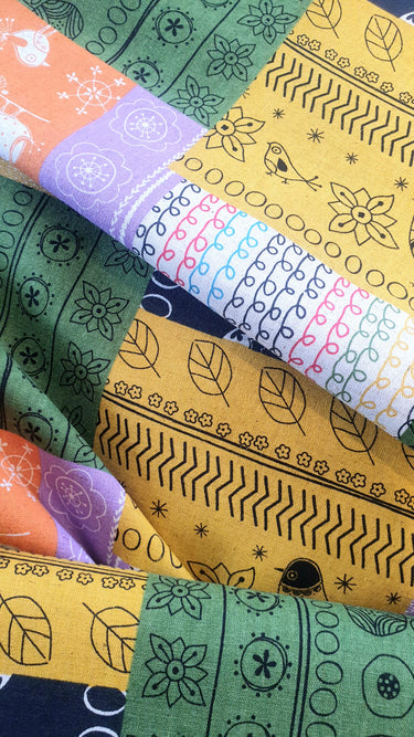 Minakoko Birds Folk Art cotton-linen fabric print at Planet Retro NZ
