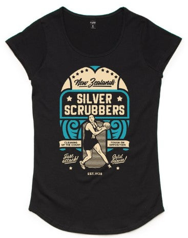 A black scoop-neck t-shirt with a graphic print of a Silver Ferns netball player and the text 'Silver Scrubbers'. The shirt has a round neckline and capped sleeves.