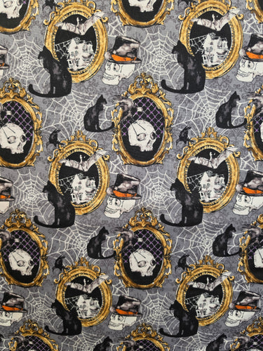 Detail view of Mystery Manor Antique Frames Black Cats cotton fabric