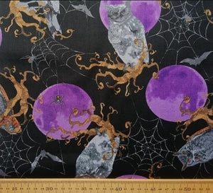 Fabric - Purple Moon - Owls Ravens Bats Planet Retro
