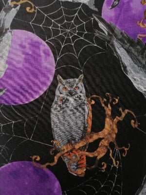 Fabric - Purple Moon - Owls Ravens Bats Planet Retro