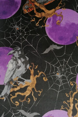 Fabric - Purple Moon - Owls Ravens Bats Planet Retro