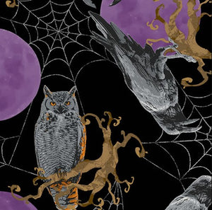 Fabric - Purple Moon - Owls Ravens Bats Planet Retro