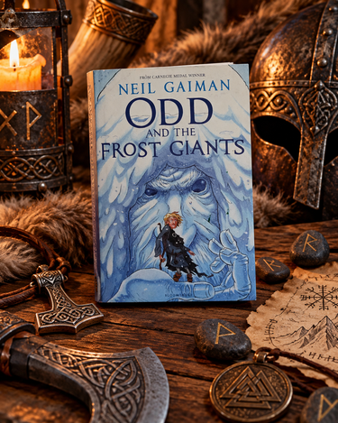 Odd and the Frost Giants by Neil Gaiman displayed with Norse runes, Viking helmet and fantasy artefacts
