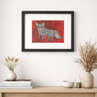 Original fox painting in black ink with red wash background, signed MAC 2019, framed contemporary animal artwork.