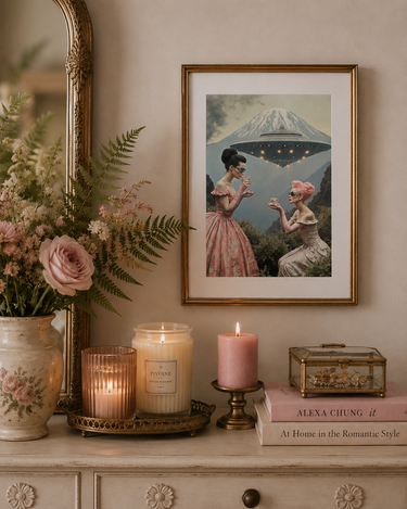 Pink Flamingo by Lu Lu Deluxe NZ A4 art print featuring two elegant retro women having tea beneath a hovering UFO and mountain backdrop