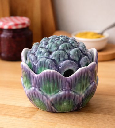 Mid-century Portuguese artichoke-style ceramic condiment jar with green and purple glaze, Planet Retro NZ