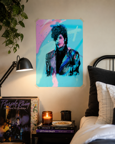 Prince Purple Rain A4 art print by Jade Ell NZ featuring a colourful pink, turquoise and purple portrait illustration inspired by 80s pop style.