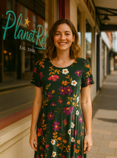 Woman in a floral dress standing in front of a store with 'Planet Retro' sign.