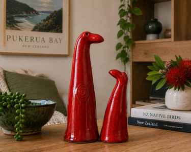 Red ceramic bird sculptures pair mid century style decor