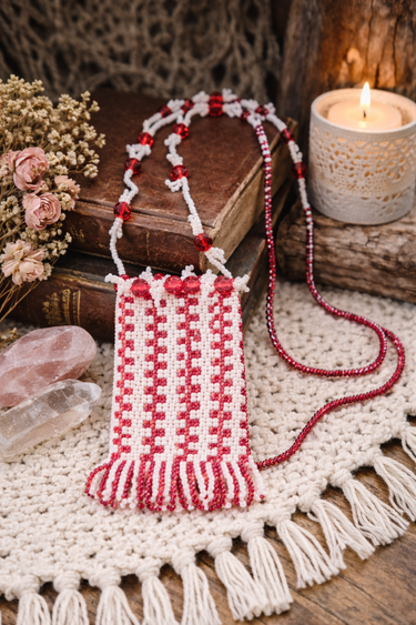 Red and white seed bead amulet pouch necklace with tassel fringe