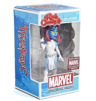 A vinyl figure of Mystique from X-Men, included in a box labeled 'Rock Candy' and 'Marvel Collector Corps Exclusive'. The figure features blue skin and red hair.
