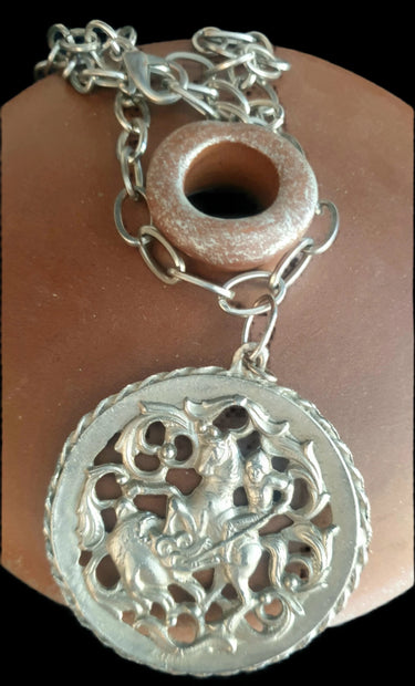 Vintage Saint George dragon slayer medallion necklace with large silver tone pendant and chain
