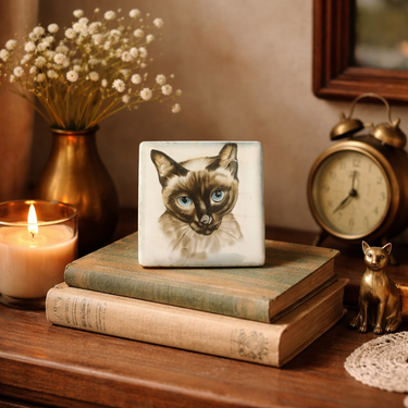 Decorative tile with a cat design on top of books with a candle and clock in the background.