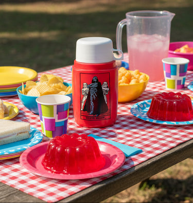 Red thermos with Darth Vader design on a white background