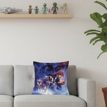 Star Wars-themed pillow with characters and elements from the franchise on a blue and purple background.