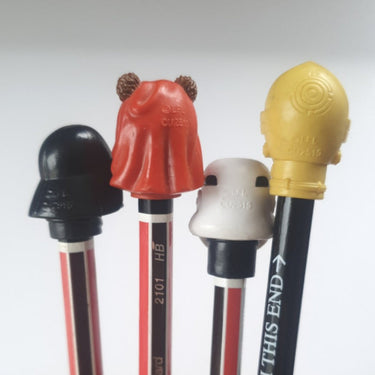 Vintage Star Wars pencil toppers set featuring Darth Vader, C-3PO, Stormtrooper and Ewok heads