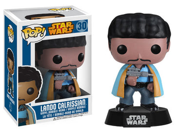 A Funko Pop vinyl figure of Lando Calrissian from Star Wars, with a blue and yellow outfit, holding a blaster. The figure is displayed both in and out of its packaging. Planet Retro NZ.