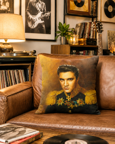 Steampunk Military Elvis cushion cover featuring a vintage-style Elvis portrait in ornate military-inspired uniform with gold detailing.