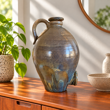 Steve Littlejohn NZ studio pottery flagon styled on a teak sideboard in natural light