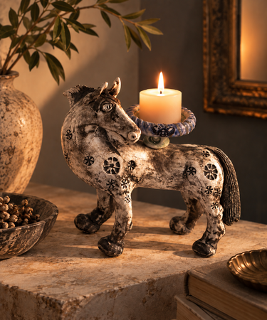 A decorative ceramic horse-shaped candle holder with black floral patterns, holding a lit cream candle, displayed on a rustic stone surface with warm ambient lighting.
