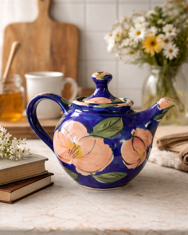 Sue Newitt Nelson studio pottery teapot c.1987–1994 with cobalt glaze and hand painted pink floral design, impressed early maker’s mark to base.