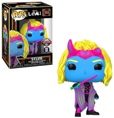 A Funko Pop vinyl figure of Loki's Sylvie in a black light costume with pink and yellow accents.  Planet Retro NZ.